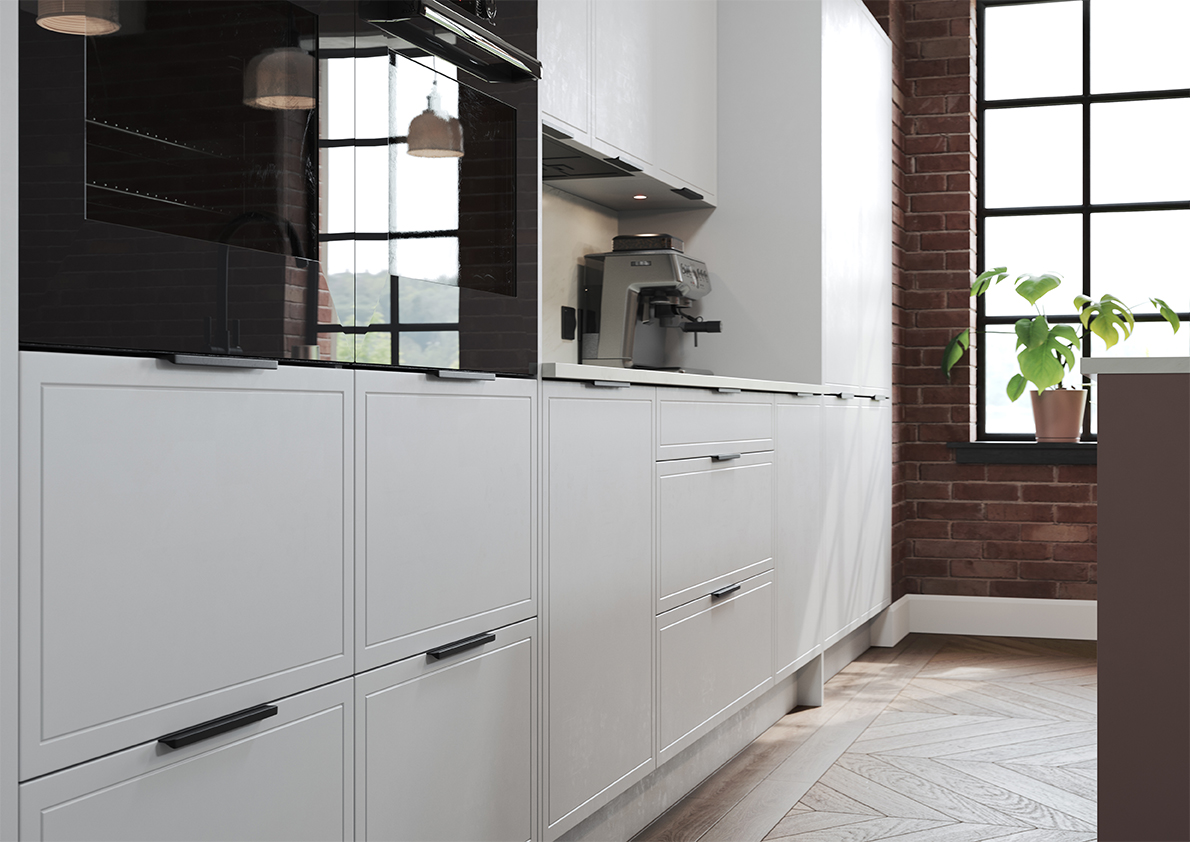 Close detail of the Langley kitchen, showing cabinetry and worktop finish